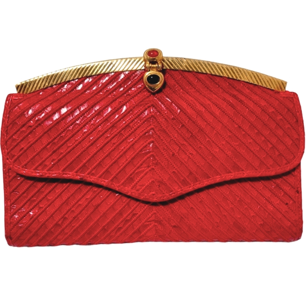 Vtg Judith Leiber red snakeskin evening Bag  clutch Wallet With Gemstone clasp